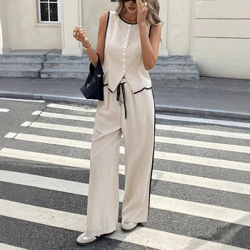 2026 Summer Female Vest Pants Set Solid Sleeveless V-Neck Top High Waist Casual Loose Pant Two-piece Set Office Lady Suit Street