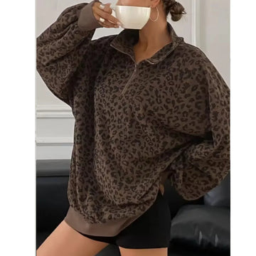 Women Casual Zipper Long Sleeve Leopard Sweatshirt Loose Oversize Retro Hoodie Stand Collar Corduroy Outerwear Pullover Autumn